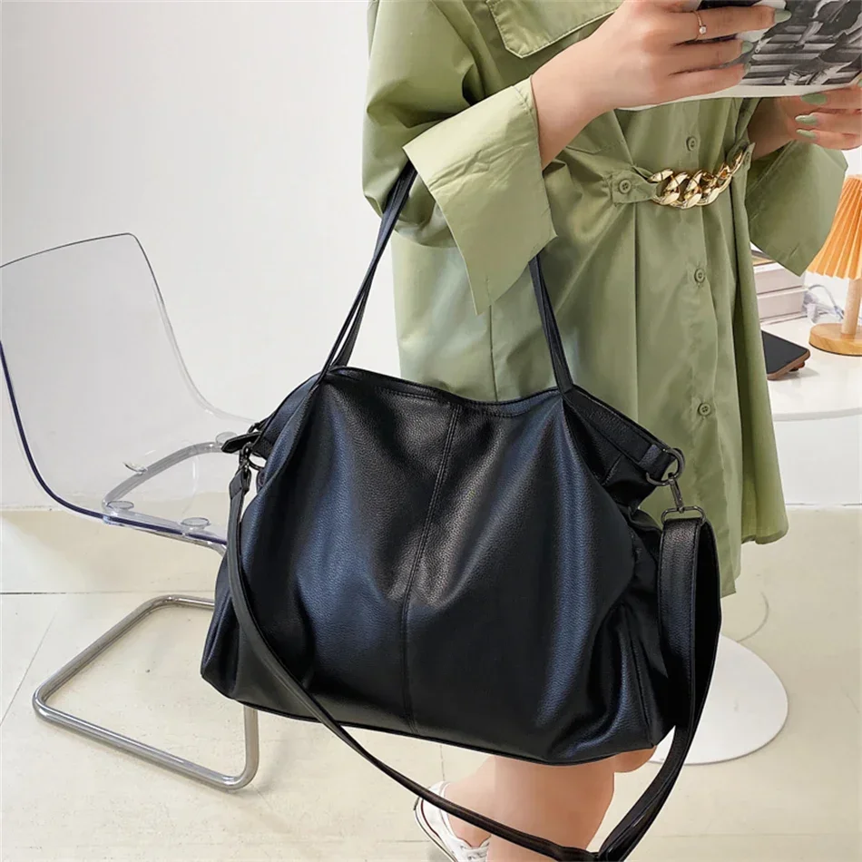 grands sacs à bandoulière noirs pour femmes, sac de shopping hobo, couleur unie, sac à main en cuir pu de qualité, fourre tout de voyage pour dames, 2024