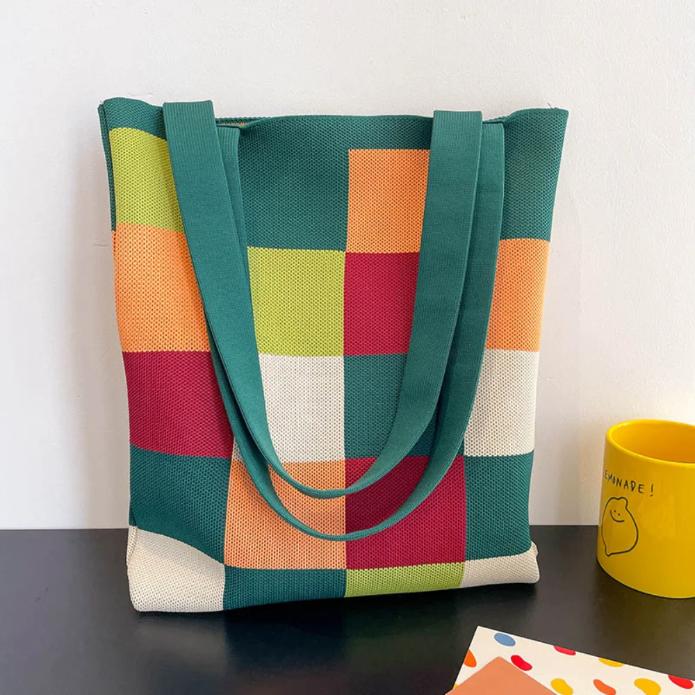 sac seau arc en ciel, sac tricoté, sac en damier réutilisable pour femmes, voyage quotidien