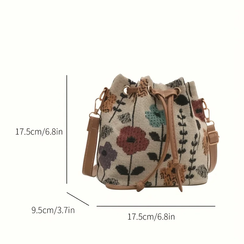 sac seau blanc pour femme avec motif floral vibrant, fermeture à cordon réglable, bandoulière/sac à main convertible doublé en polyester