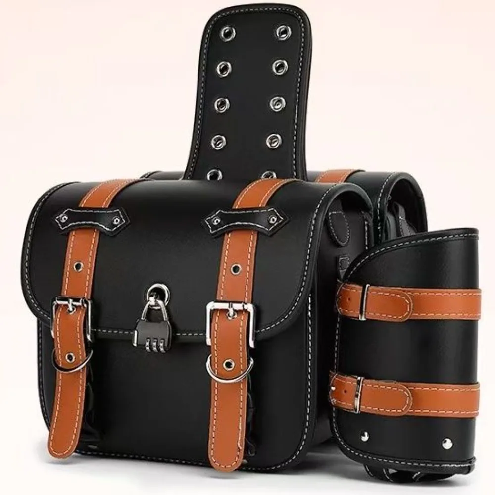 1 paire de sac de selle étanche en cuir pu, sac de moto de grande capacité, design cool avec sac de bouteille d'eau, sac latéral de moto