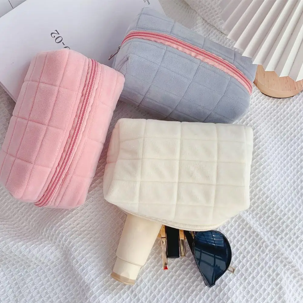 sac à cosmétiques carré, joli sac à cosmétiques, pochette de maquillage en peluche, trousse de toilette de voyage, organisateur, sac de rangement gonflé pour femmes