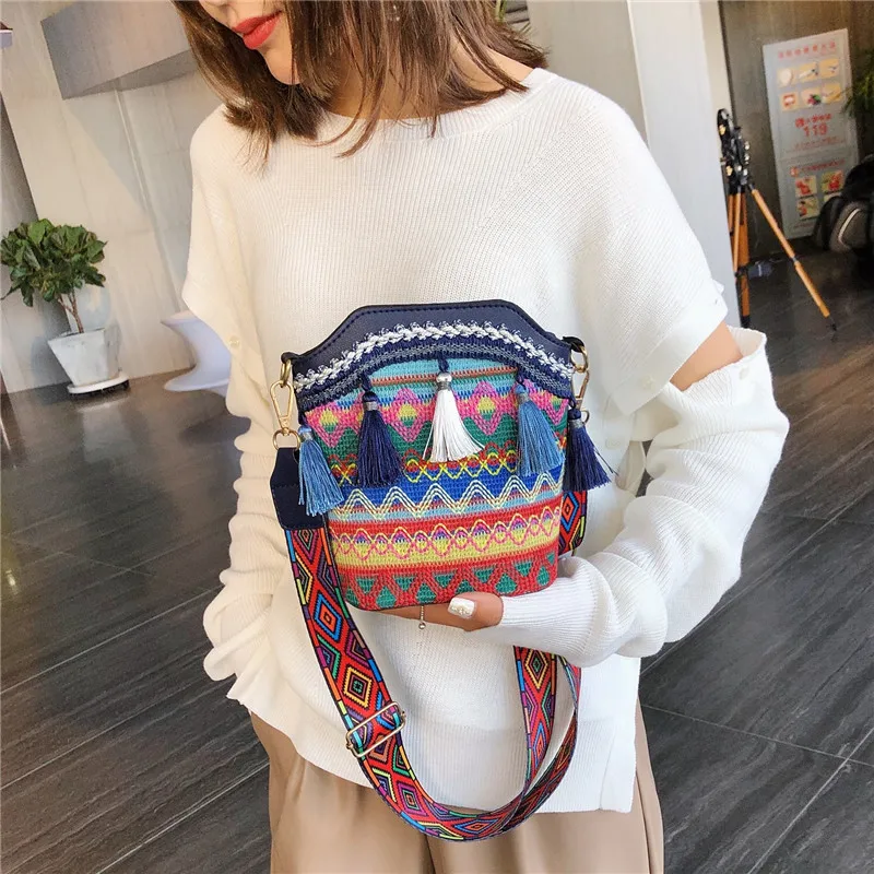 sac à bandoulière bohème ethnique pour femme, pompon vintage, tissé à la main, sac à bandoulière hippicopter, sacs initiés, sac à main pour femme, e27
