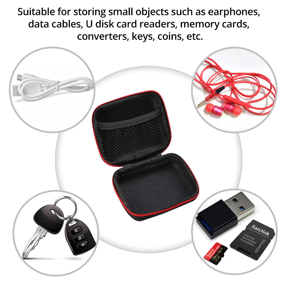 Étui de transport carré pour écouteurs, petit sac de rangement pour petit chargeur, sac portable pour stocker une clé usb et une carte sd (noir)