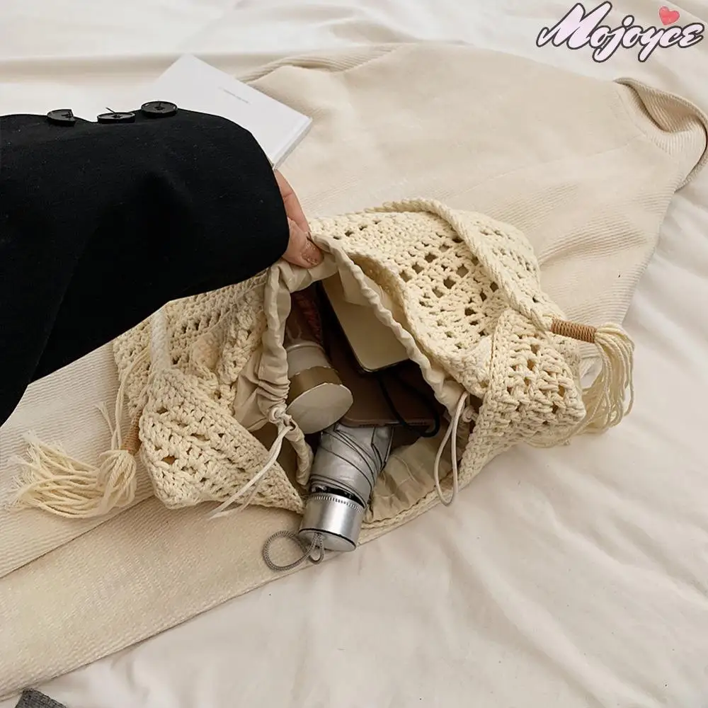 sacs de paille boho pour femmes, avec cordon de serrage, sac de plage en tricot, couleur unie, sac à main de vacances, grande capacité, sac à main tissé d'été