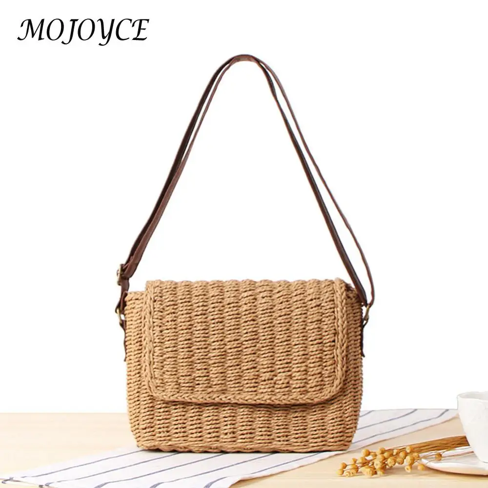 Sac à bandoulière en paille tissé pour femmes, petit sac carré Vintage avec sangle réglable, sac à rabat de voyage fait à la main