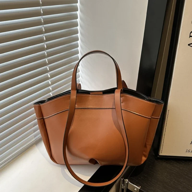 Sac fourre-tout pour femmes, sac sous les bras, grande capacité, sacs à bandoulière en cuir PU, sac à bandoulière Vintage solide, porte-documents tendance avec bourse