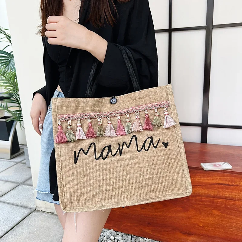 femmes sac fourre tout mode maman lettre impression lin sac à main grande capacité bébé sac à couches décontracté shopping sac à bandoulière maman cadeaux