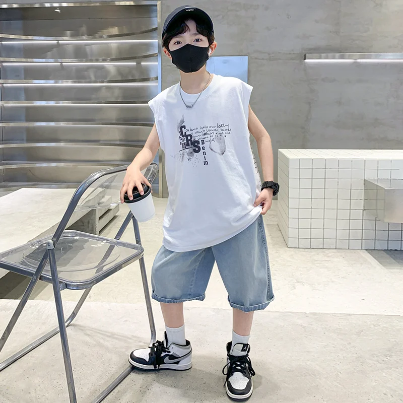 costume d'été pour enfants, t shirt sans manches en coton et short en denim, ensemble de vêtements deux pièces, tenues de survêtement à la mode pour enfants