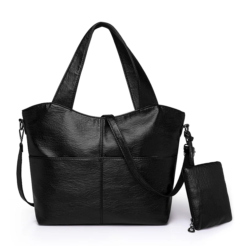 sac à main à bandoulière en cuir souple pour femme, grand sac hobo shopper noir solide, qualité document, fourre tout de voyage pour dame