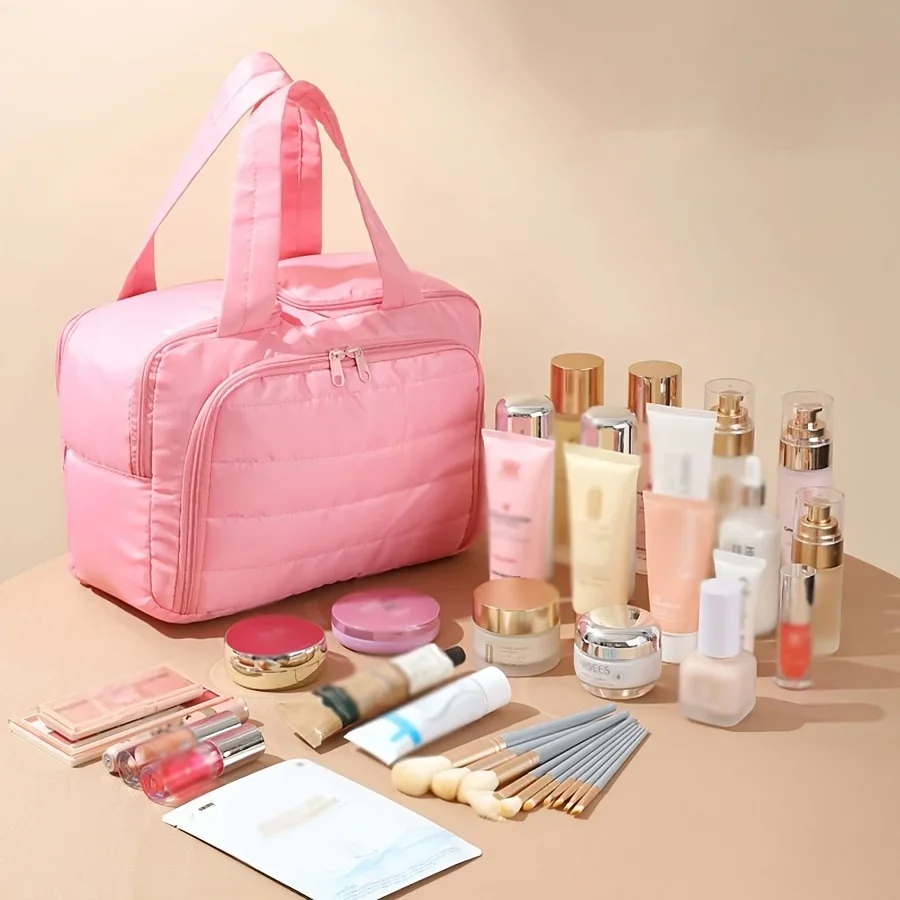 trousse de maquillage matelassée de grande capacité, sac de rangement multifonctionnel portable, conception superposée, nylon durable, idéale pour les cadeaux de noël