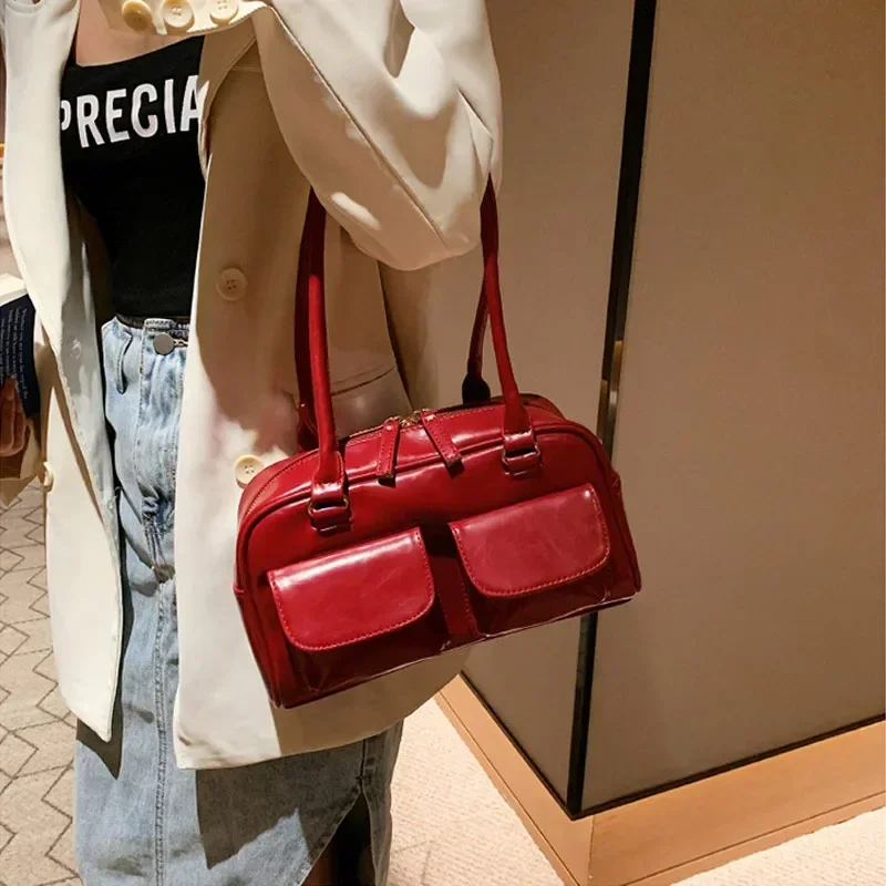 rétro rouge femmes sacoche hobo sac en cuir verni multi poche luxe concepteur sac à main femme épaule sous les bras sac fourre tout sacs à main