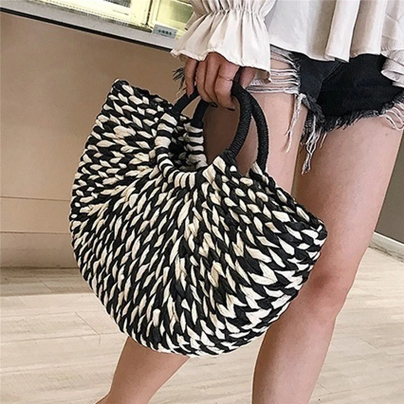 sac à main demi rond en rotin pour femmes, sac tissé en paille, fourre tout de voyage décontracté, grande capacité, mode féminine, wunicef