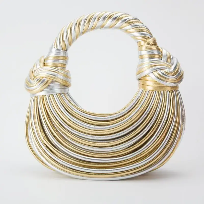 sacs à main pour femmes 2025 nouveau or marque de luxe de créateur sacs à nouilles tissés à la main corde nouée tiré hobo argent pochette de soirée chic