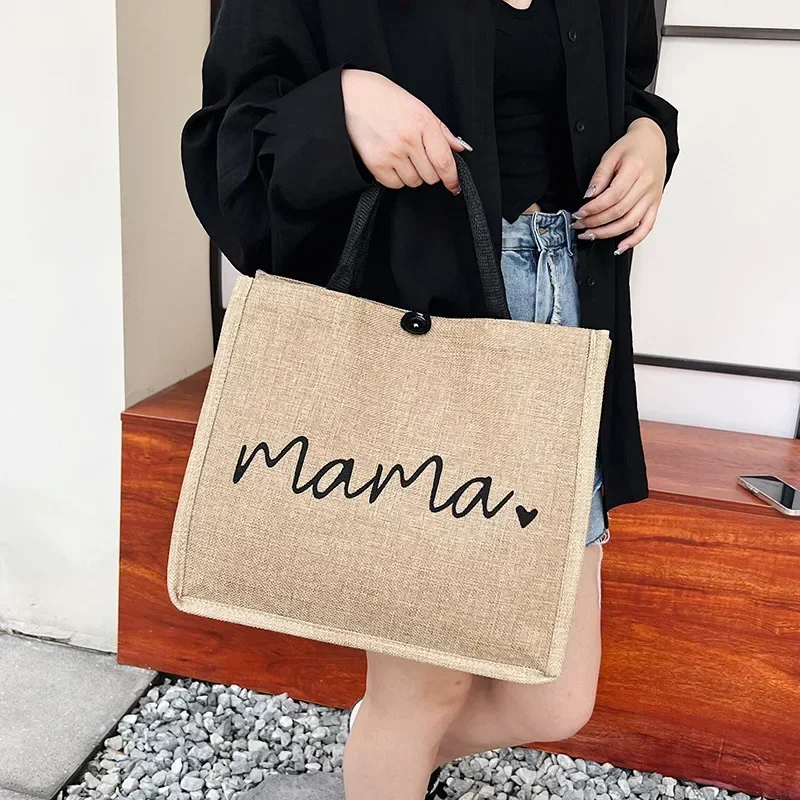 femmes sac fourre tout mode maman lettre impression lin sac à main grande capacité bébé sac à couches décontracté shopping sac à bandoulière maman cadeaux