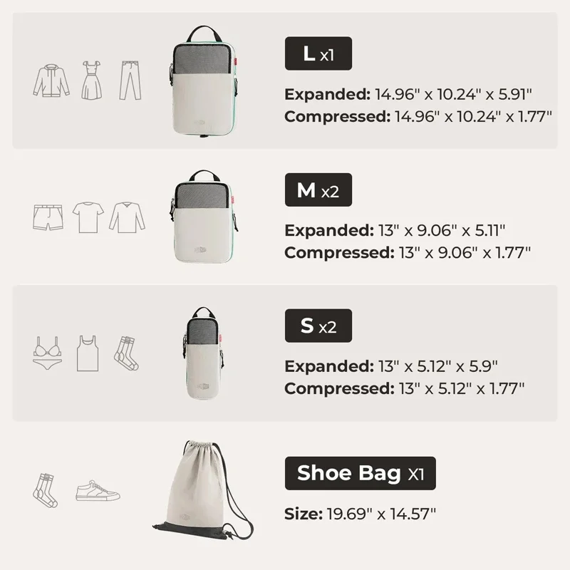 bagsmart – cubes d'emballage à compression, ensemble de voyage extensible, sac de rangement, organisateur de voyage, valise de transport de bagages, 6 pièces