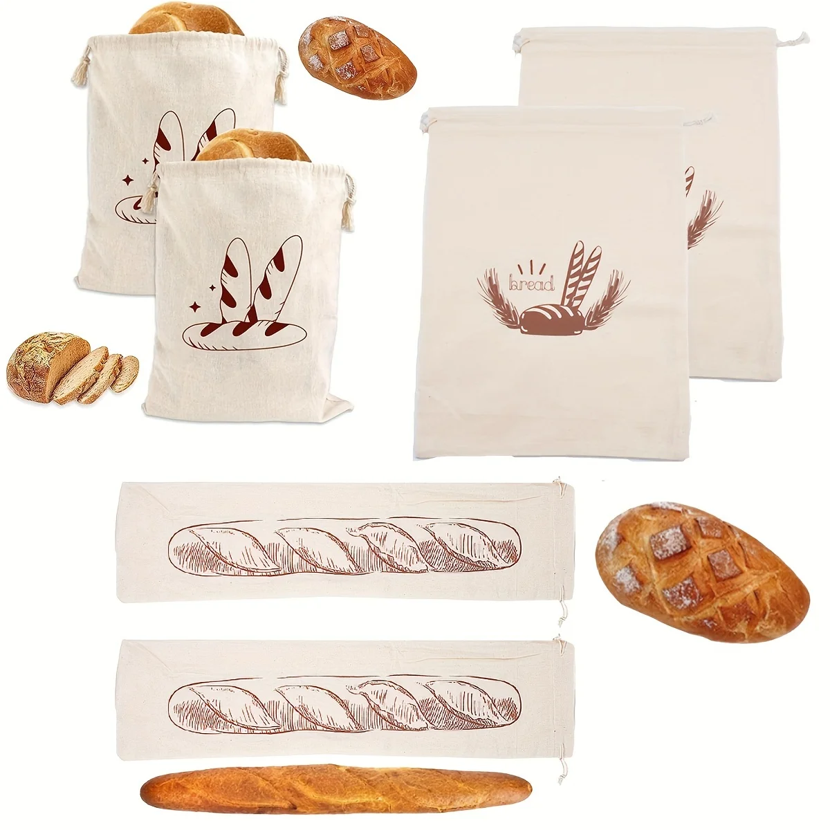 sac à pain en lin réutilisable, baguette en coton, sac de rangement à cordon de serrage, pain fait maison, frais, écologique, maintien pour baguette