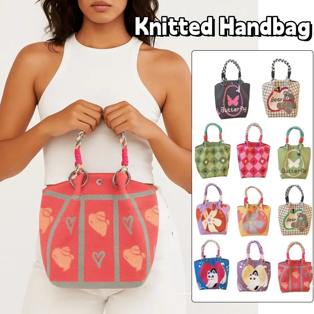 sac seau décontracté papillon dessin animé ours doux tricoté sac à main style coréen sac fourre tout pour femmes filles