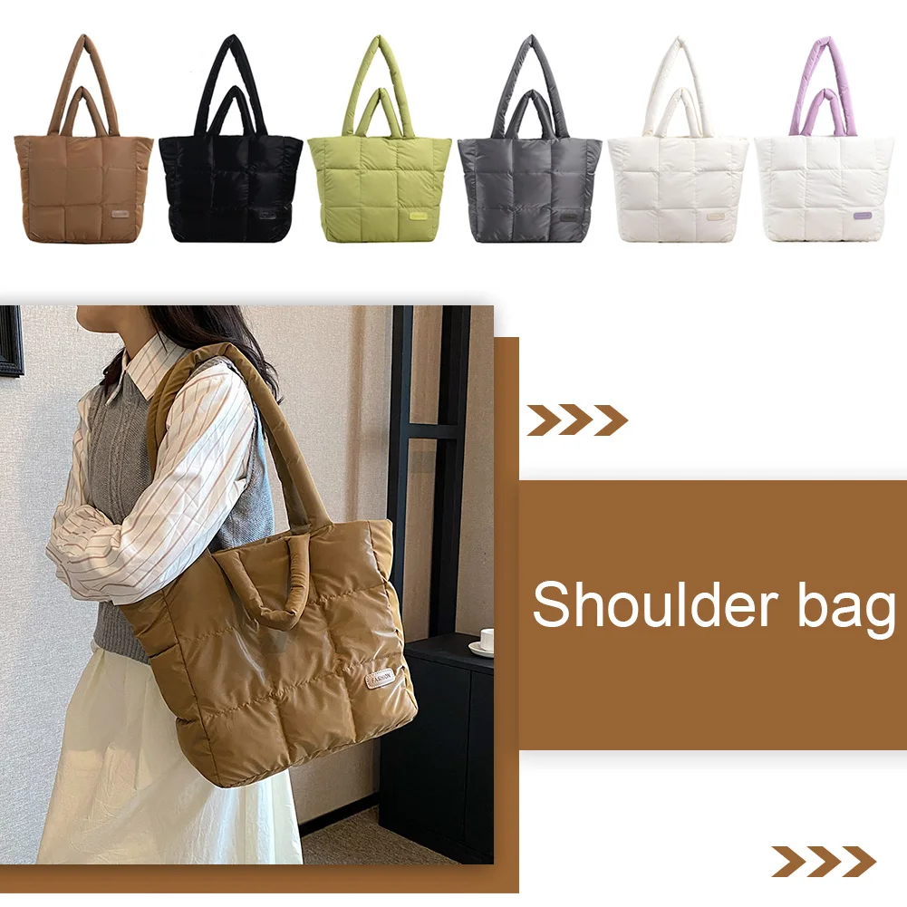 Sac à main matelassé en coton rembourré pour femme, sac à carreaux solide, grande capacité, sac pour document, doux, femme, automne, hiver
