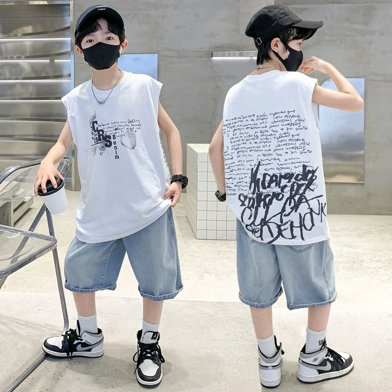 costume d'été pour enfants, t shirt sans manches en coton et short en denim, ensemble de vêtements deux pièces, tenues de survêtement à la mode pour enfants