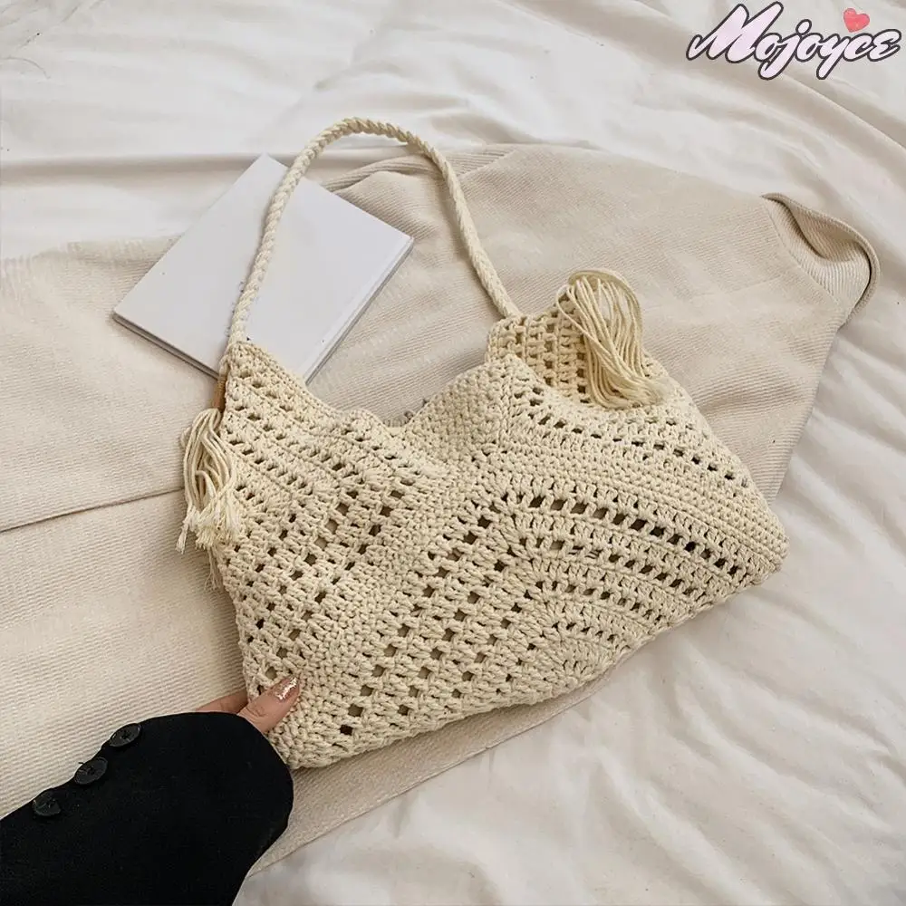 Sacs de paille Boho pour femmes, avec cordon de serrage, sac de plage en tricot, couleur unie, sac à main de vacances, grande capacité, sac à main tissé d'été