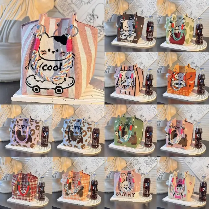 sac seau tricoté pour femmes, design de dessin animé mignon, fourre tout de grande capacité, sac à main carré portable, cadeau à la mode pour filles