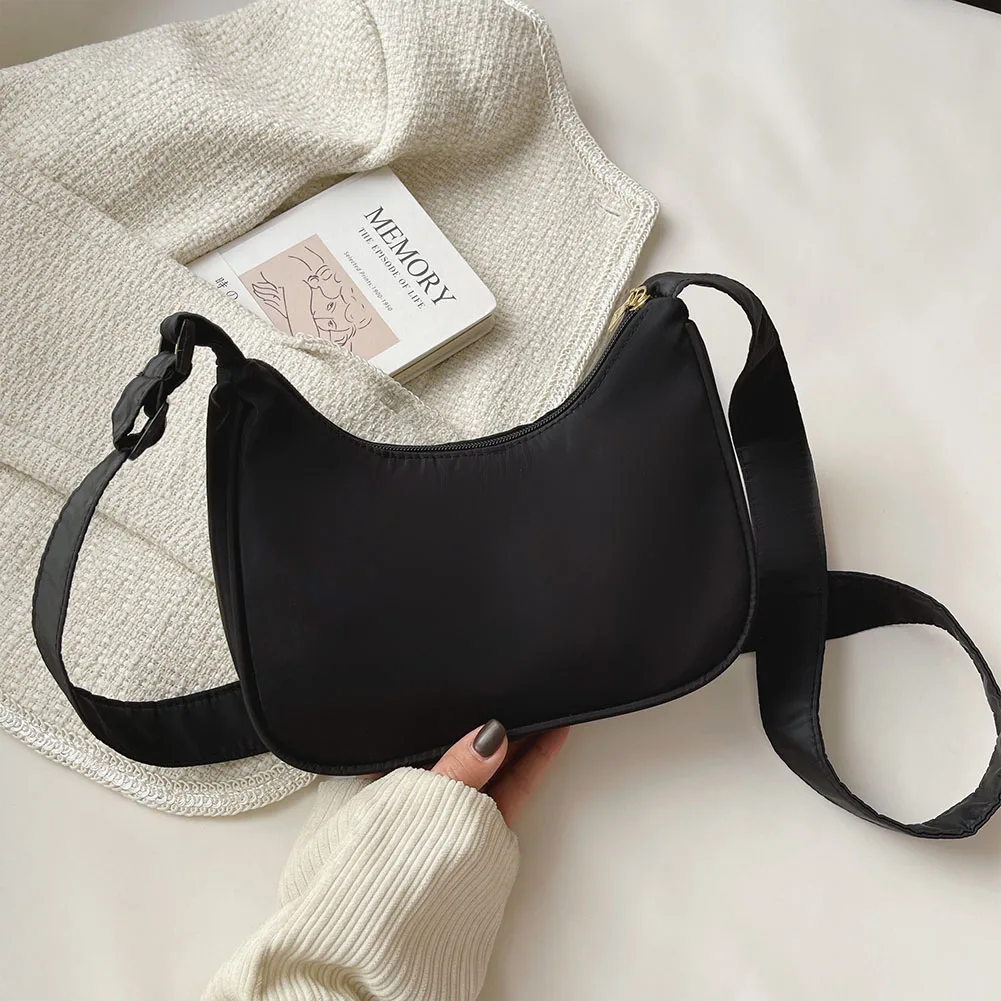 hobo – sac à bandoulière couleur unie pour femmes, sac sous les bras en croissant en nylon simple, sacs à main fourre-tout pour voyage
