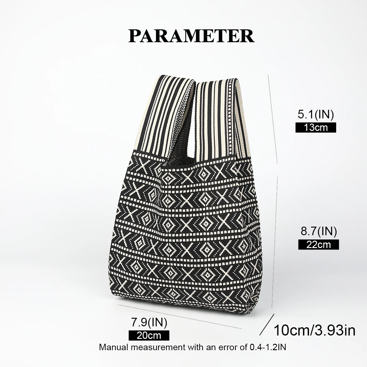 sac à main tricoté avec lignes de style bohème et design de couleurs contrastées, tissu pliable et durable, adapté à toutes saisons, convient aux téléphones mobiles, clés, cosmétiques rouge à lèvres, bouteilles d'eau, choix parfait pour les vêtements de travail quotidiens, les voyages et les vacances, convient toutes les saisons
