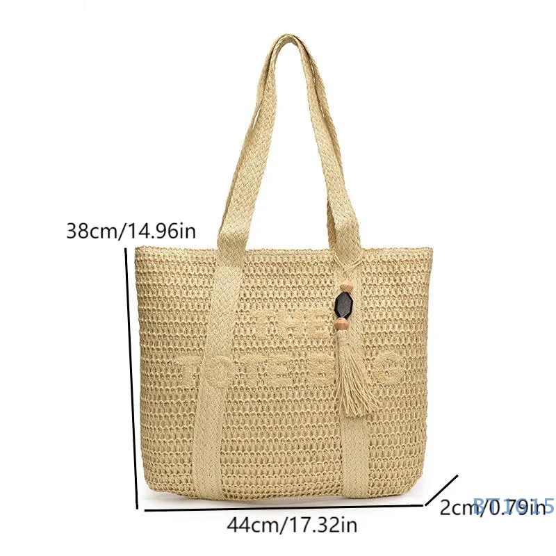 fourre tout à la mode de grande capacité, sac à bandoulière tissé de style français rétro, parfait pour les vacances ou les cadeaux de plage d'été pour dames
