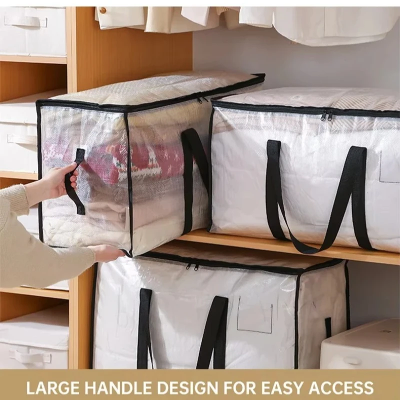 sac de rangement de couette tissé pp, imperméable, pliable, transparent, grande capacité, placard, emballage mobile, organisateur de vêtements à double fermeture éclair