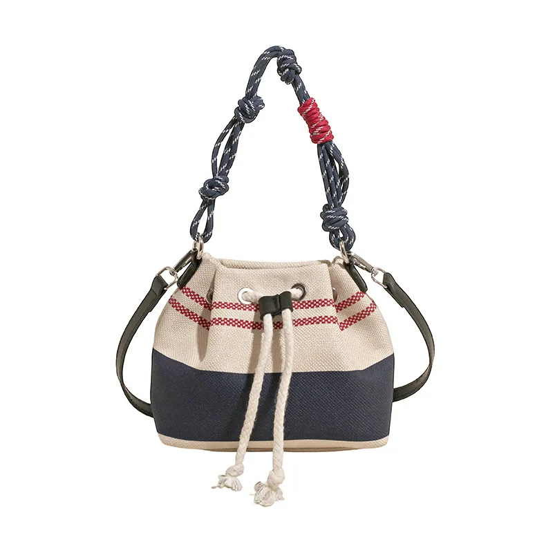 sacs seau en toile, sac à main seau pour femmes, nouvelle mode rétro d'été pour loisirs, sac à bandoulière asymétrique épaule dénudée