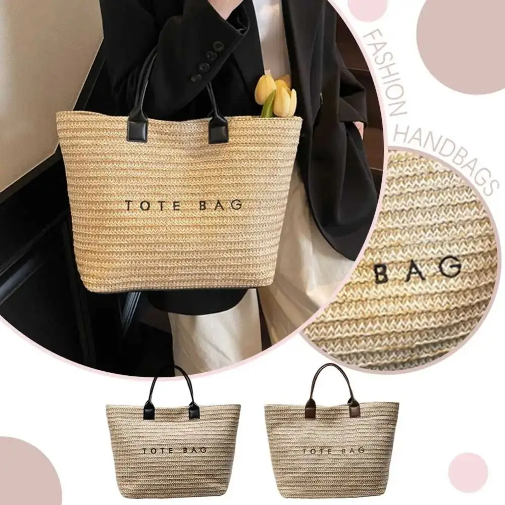 sac à main de plage mignon tissé en paille, sac seau de grande capacité, sac de plage bohème, sac à bandoulière avec lettres de voyage