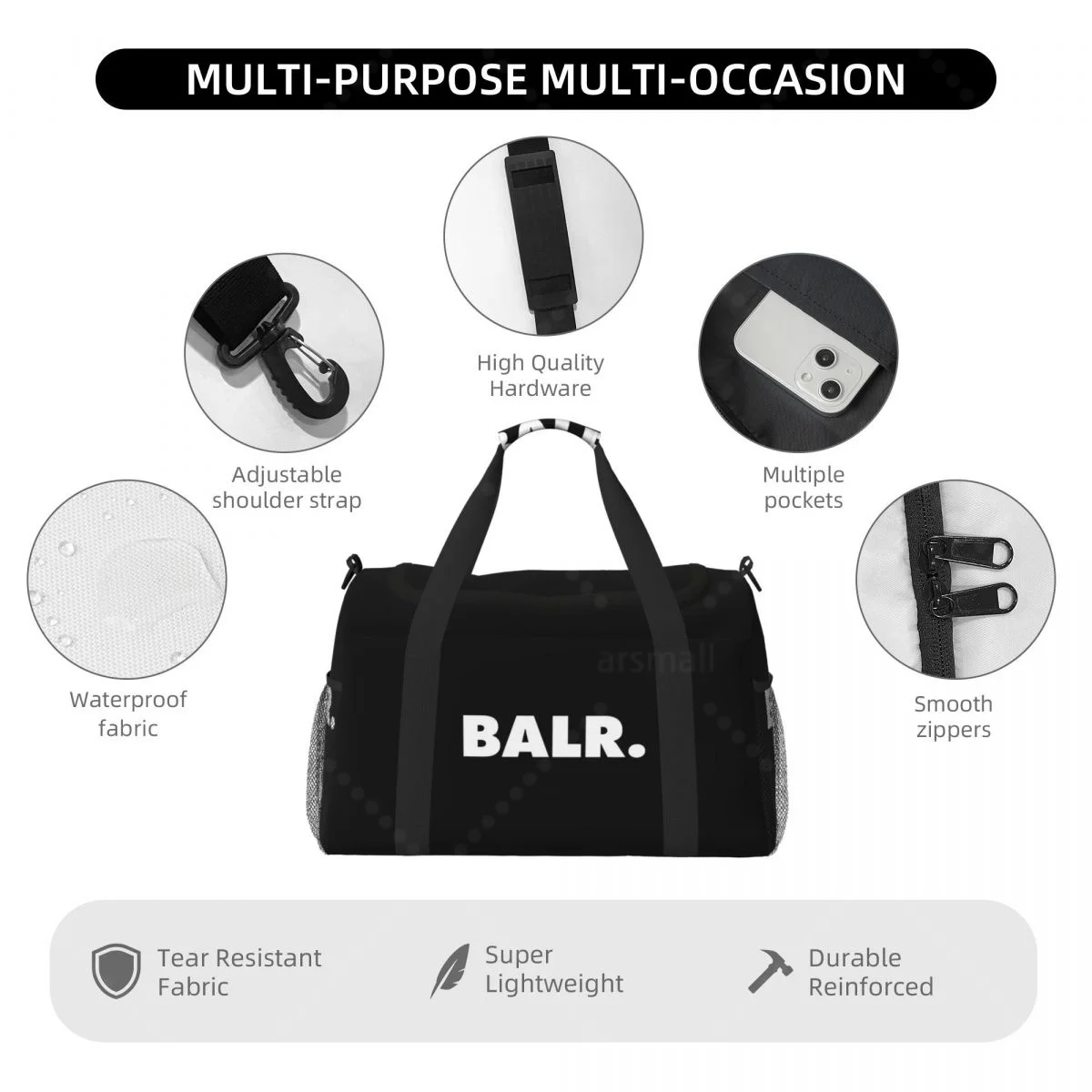 sac de voyage à main élégant de marque balr, fourre tout durable pour un usage quotidien, design léger et spacieux