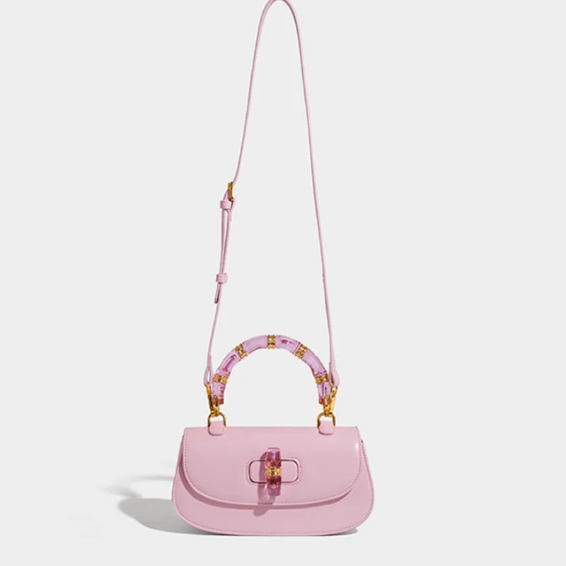 super beau sac à main en bambou rétro marque sac de selle nouveau sac pour femmes haut de gamme exquis luxe rose serrure en cuir sac à bandoulière