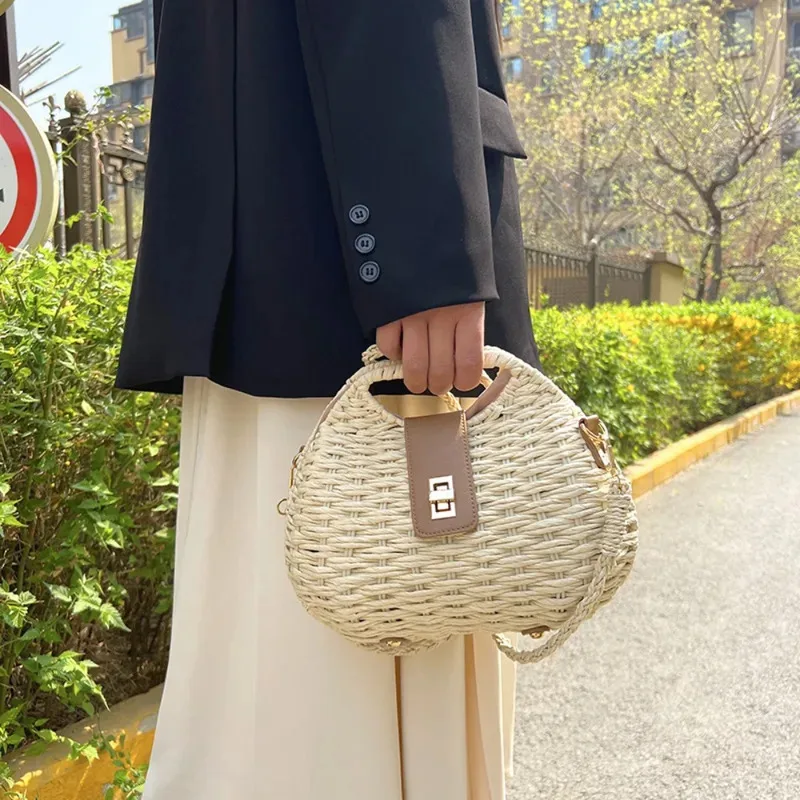 sac en rotin tissé en paille pour femmes, élégant, mode, sac en rotin, corde de paille, sac à bandoulière, sac de plage