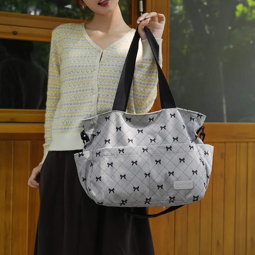 sac fourre tout style coréen ins, fourre tout imprimé complet avec nœud, sac de shopping léger, sac à bandoulière pour le travail quotidien