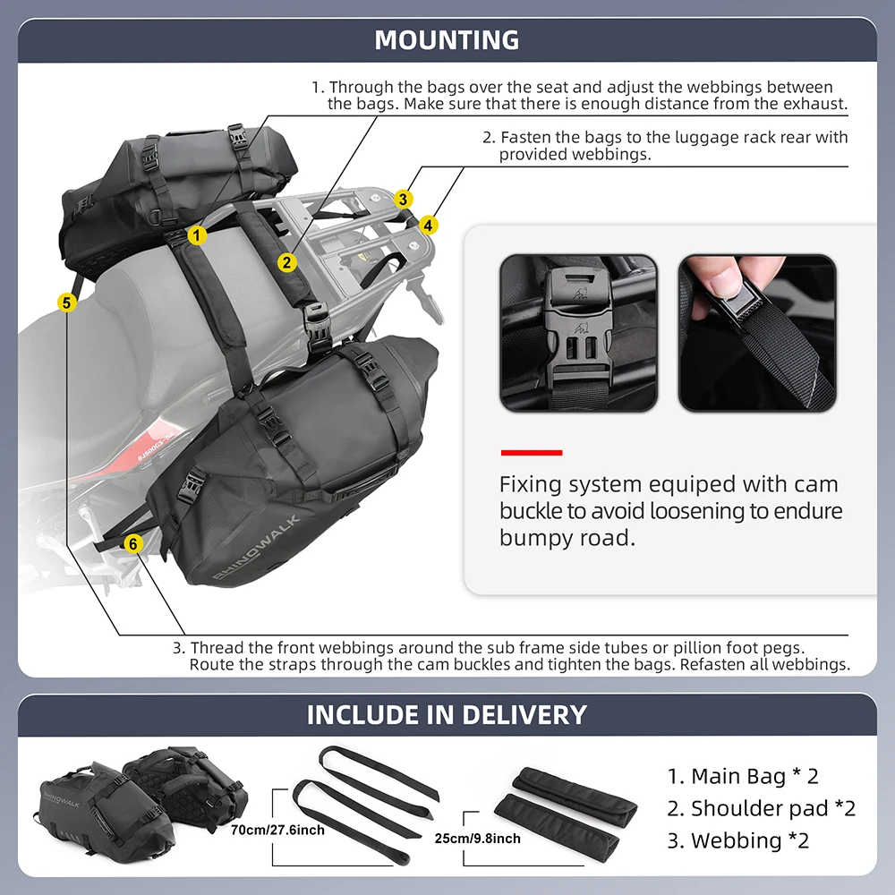 rhinowalk – sacoche de moto étanche pour la plupart des supports latéraux, vélo de sport tout terrain adapté à bmw honda kawasaki yamaha benelli