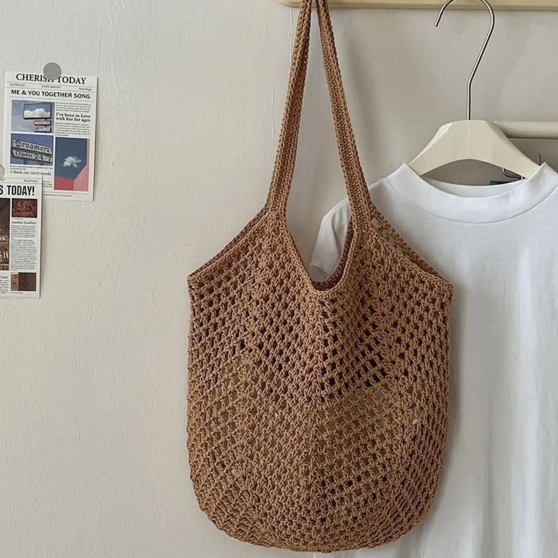 sac de loisirs tissé en coton de grande capacité, sac en paille creuse, sac à bandoulière, sac de plage de vacances