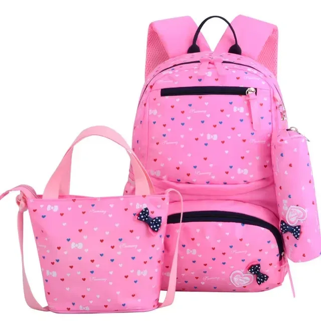 sac dos polyester point rose cœurs rouges bleus nœuds noirs pochette crayon sacs école filles voyage