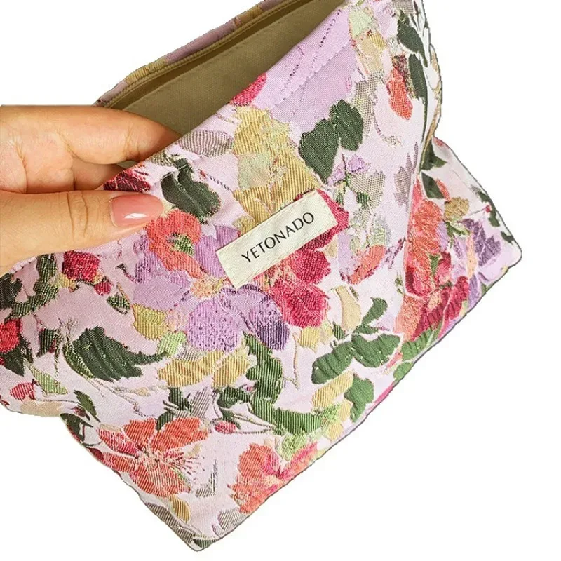 trousse de maquillage vintage à motifs floraux pour femme, pochette de voyage portable grande capacité, étui de rangement à fermeture éclair imprimé fleurs