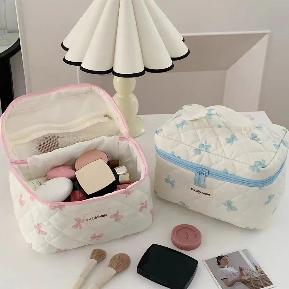 sac de rangement cosmétique en coton matelassé pour femme, nœud simple, sac à main d'évaluation de maquillage rouge à lèvres, sacs à fermeture éclair de grande capacité, mignon, nouveau
