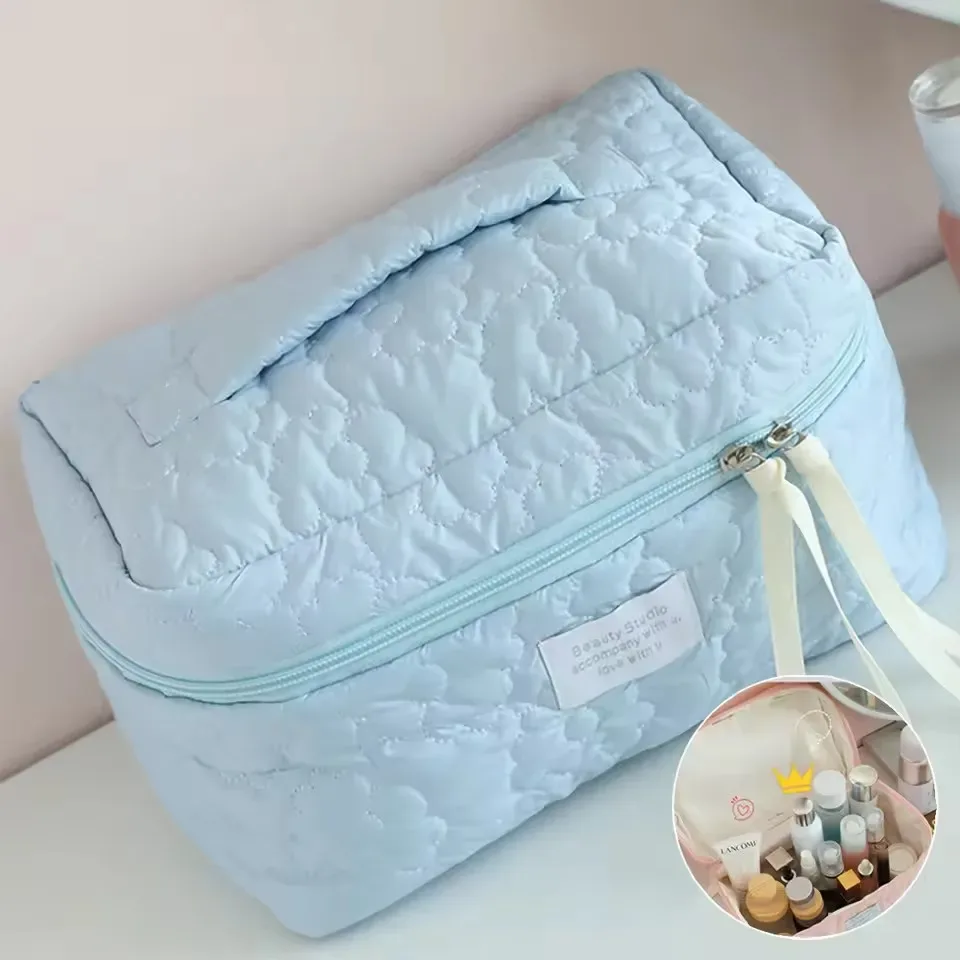 trousse de maquillage matelassée cloud, grande capacité, organiseur de cosmétiques avec poignée pour les voyages et l'usage quotidien