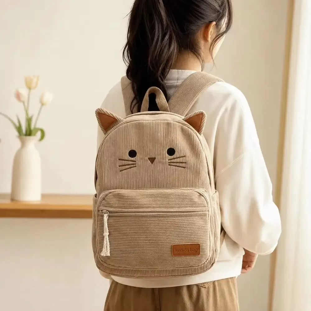 sac à dos mignon en velours côtelé imprimé multicolore motif chat de dessin animé, avec plusieurs poches, léger, idéal pour les étudiants et les voyages.