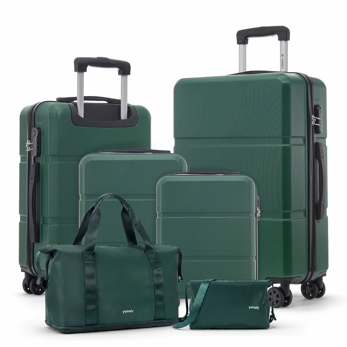 ensemble de valises yonsly 5 pièces 20/24/28 pouces, sac de voyage et trousse de toilette avec 4 roulettes 360° ° sac en maille avec serrure à combinaison, doubles fermetures éclair renforcées et poignée en caoutchouc souple pour les voyages longue distance en vacances.