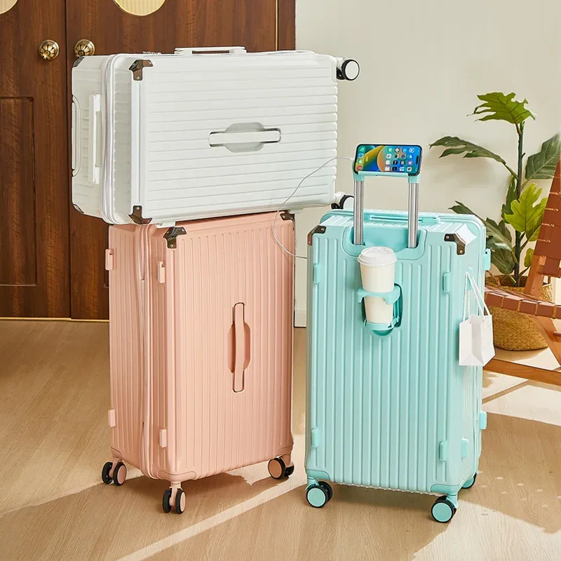 valise bagage roulante abs dur beige bleu noir marron grande capacité toupie poignée latérale porte gobelet support téléphone pratique