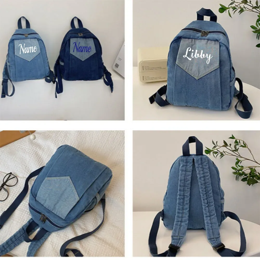 nouveau sac à dos en denim brodé avec n'importe quel nom, sac de voyage personnalisé à la mode avec couleur contrastée pour les déplacements et les loisirs en plein air