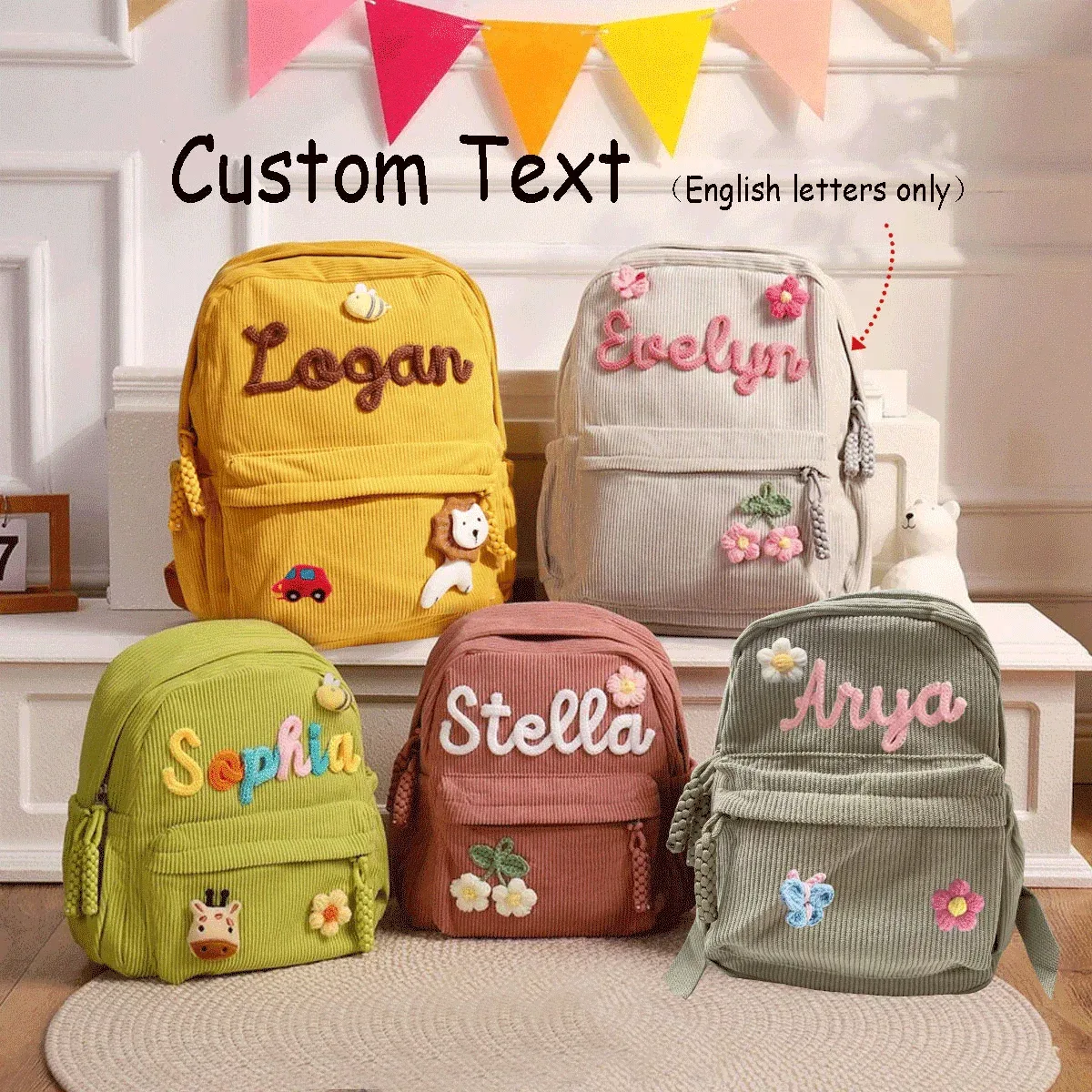 sacs à dos personnalisés en velours côtelé – sacs à dos brodés sur mesure, décorations florales/animalières, styles parent-enfant, sac pour sœur/frère
