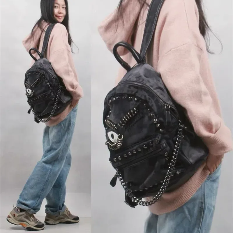 sac à dos en denim steampunk pour femmes, nouvelle mode, grande capacité, chaîne à rivets, sac à bandoulière, sac en toile de grande capacité