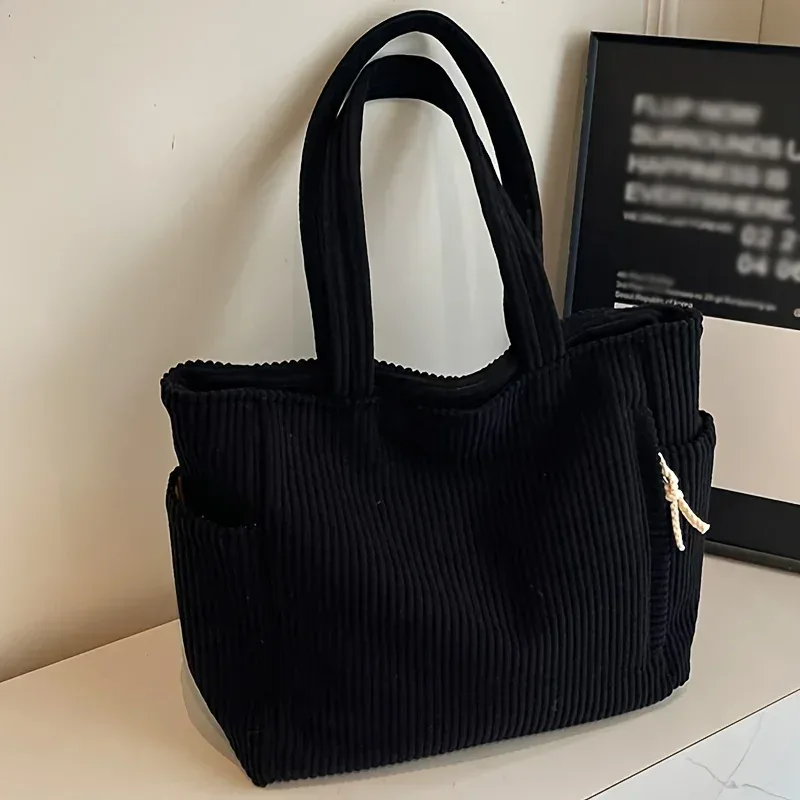 sac à main en velours côtelé léger et grande capacité avec fermeture éclair, couleur unie, sac à bandoulière décontracté pour les trajets quotidiens