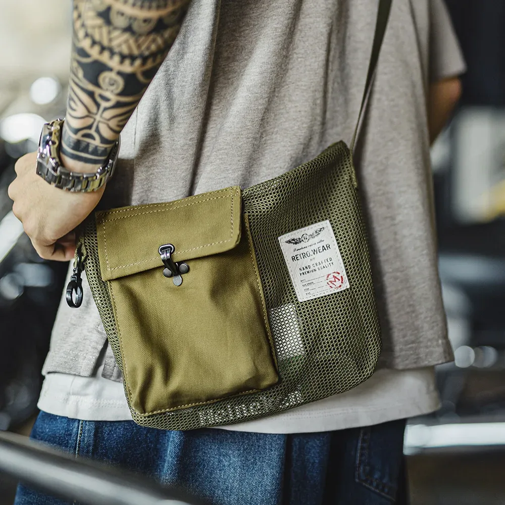 maden – sac à bandoulière vert d'extérieur pour hommes, sacoche d'été légère en maille avec sangle réglable, pochette pour téléphone pour la randonnée et le quotidien