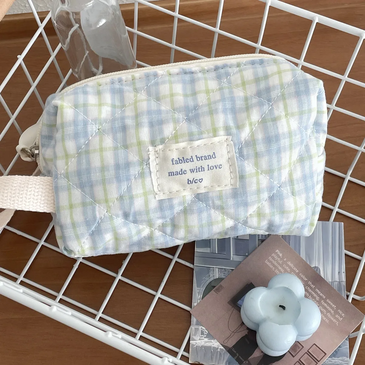 sac à cosmétiques vintage à fleurs pour femmes, pochette à carreaux mignonne, trousse de maquillage de voyage, petits sacs à main matelassés en coton à fleurs